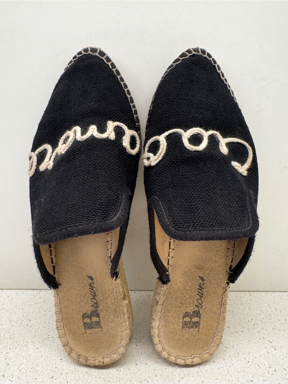 Browns Espadrilles Black Embroidered Ciao Amore Mule Slip on Slides Shoes Sz 36